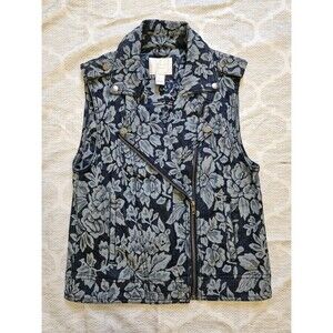 FOREVER 21 Vest Women's Sz Medium Boho Denim Blue Jean Floral Pockets EUC